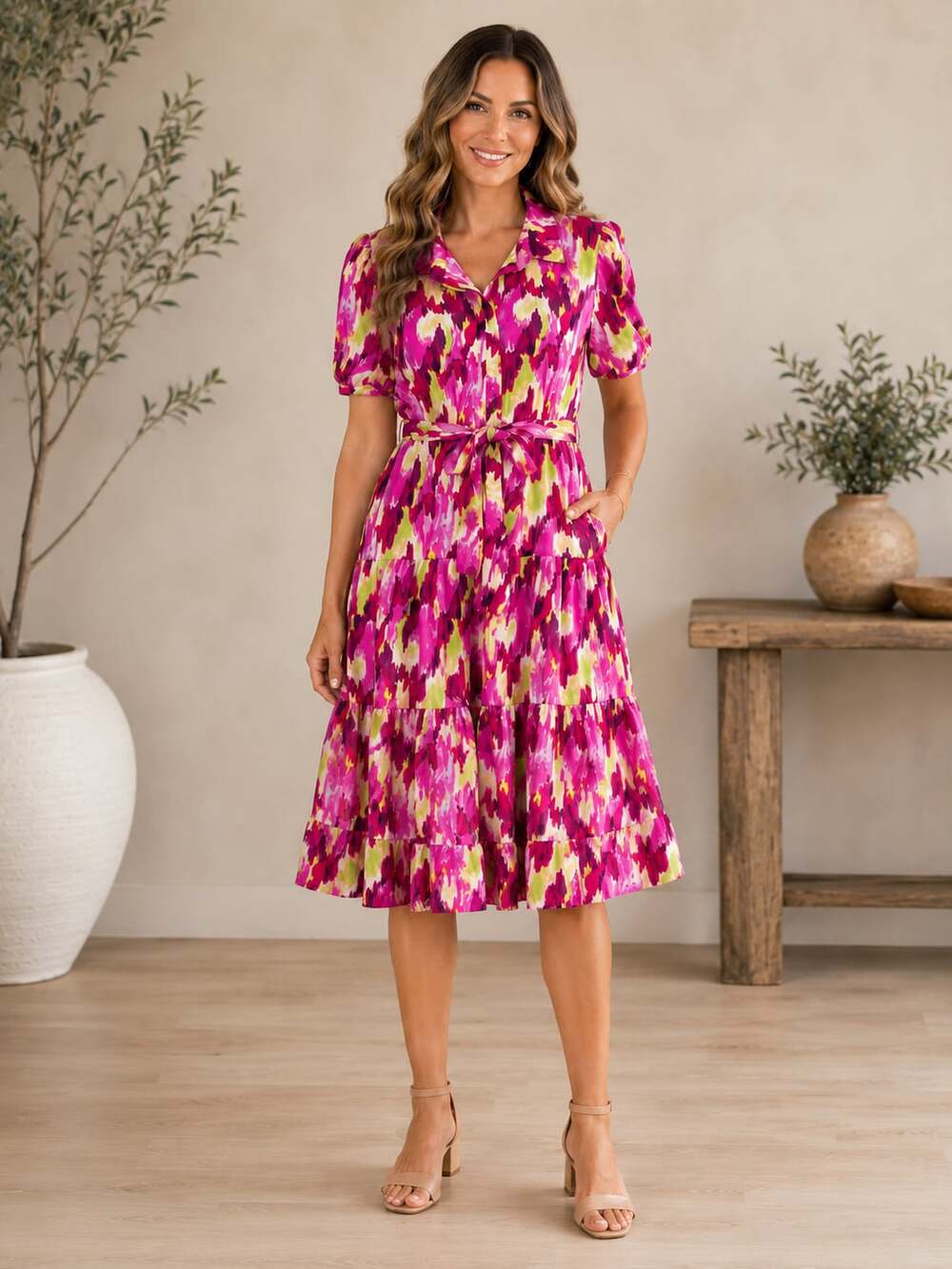 Nicole Miller Abstract Print Belted Tiered Shirtdress Button Front Size 14 Midi